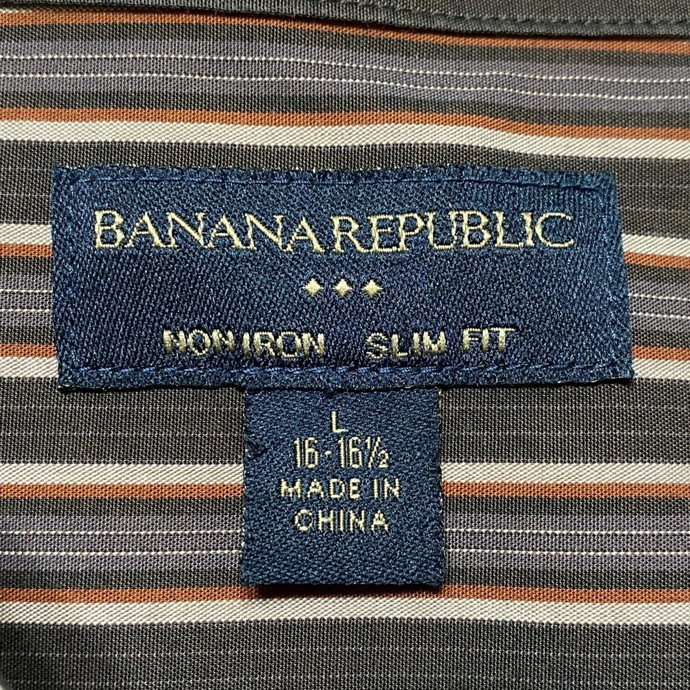 Banana Republic‎ Slim Fit Non Iron Mens Dress Shirt Sz 16-16 1/2 Brown Striped